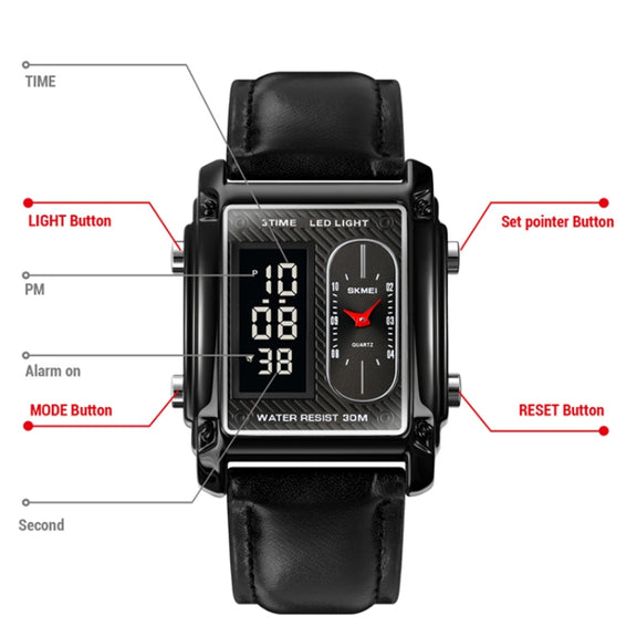 SKMEI 1868 Square Double Display Water-resistant Men Watch, Style: Leather Belt (Silver)