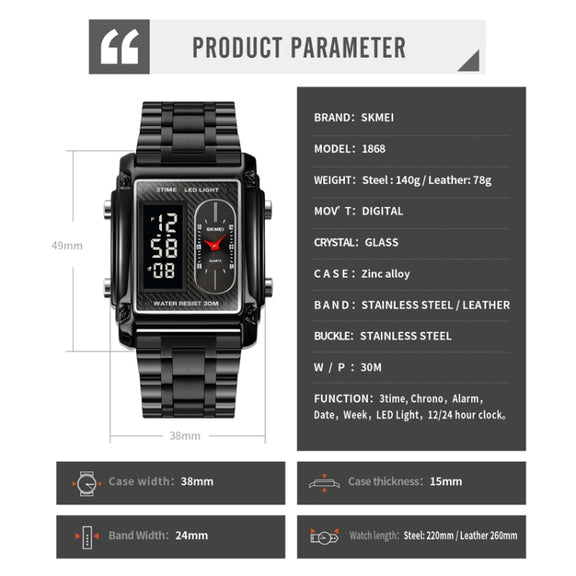 SKMEI 1868 Square Double Display Water-resistant Men Watch, Style: Leather Belt (Silver)