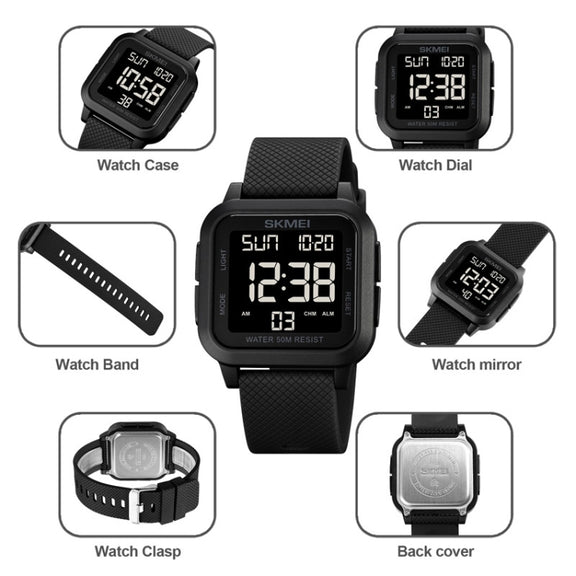 SKMEI 1894 Square Sports Water-resistant Student Simple Multifunctional Luminous Watch(Black Black Machine)