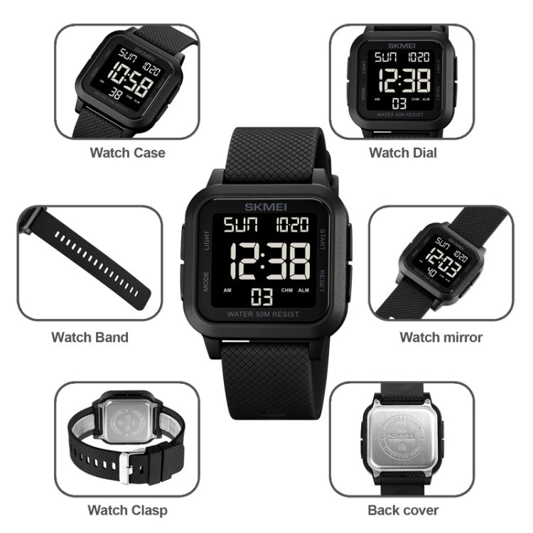 SKMEI 1894 Square Sports Water-resistant Student Simple Multifunctional Luminous Watch(Black Black Machine)