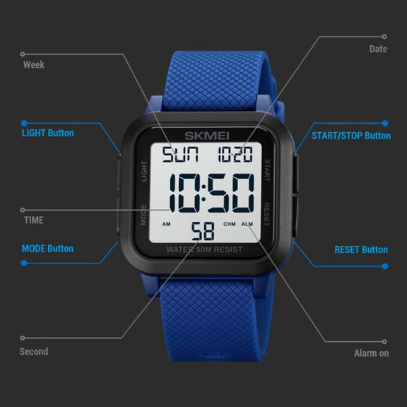 SKMEI 1894 Square Sports Water-resistant Student Simple Multifunctional Luminous Watch(Blue Black Machine)