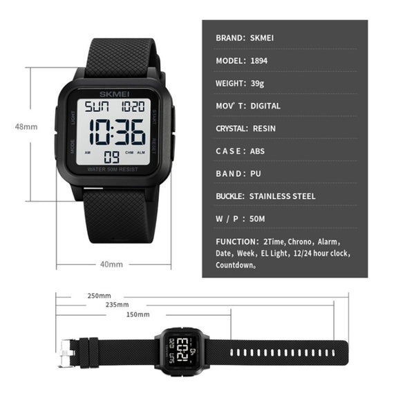 SKMEI 1894 Square Sports Water-resistant Student Simple Multifunctional Luminous Watch(Black White Machine)