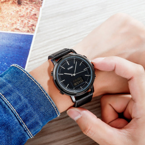 SKMEI 1652 Dual Movement Sports Leather Alloy Male Watch, Color: Rose Gold Shell Black Machine