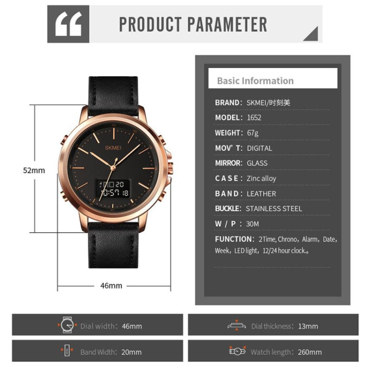 SKMEI 1652 Dual Movement Sports Leather Alloy Male Watch, Color: Silver Shell Black Machine