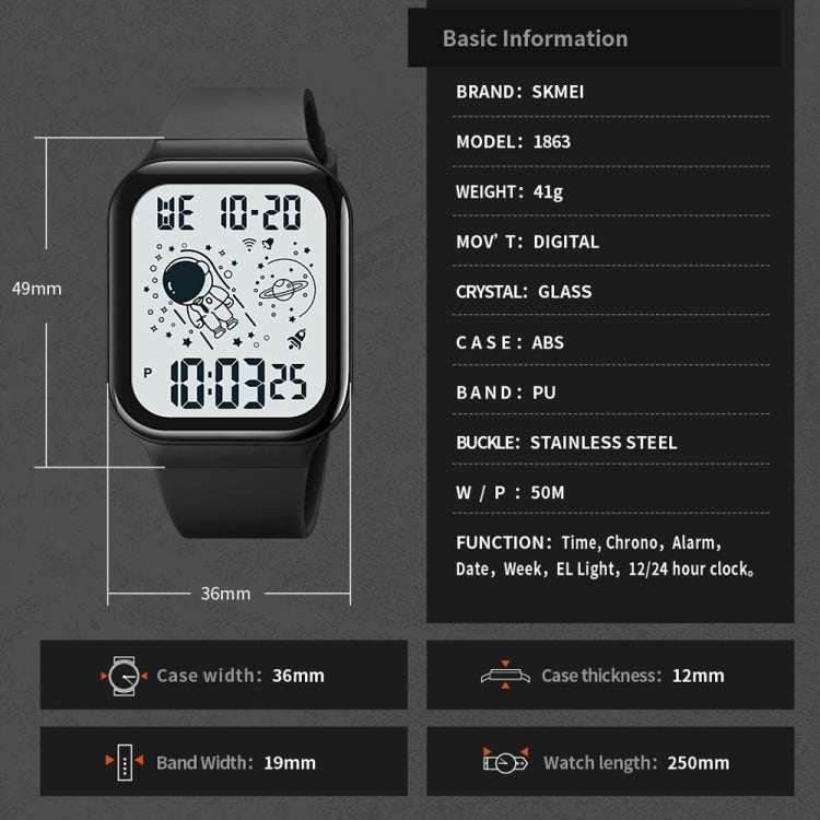 SKMEI 1863 Multifunctional Astronaut Student Digital Sports Square Watch(Black Black Machine)
