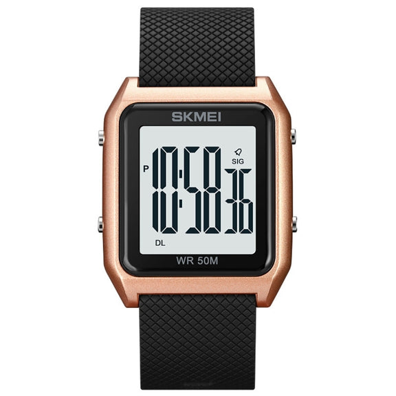 SKMEI 1866 Square Large Screen Men Steel Belt Multi-function Night Light Alarm Clock Watch(Rose Gold White Machine)
