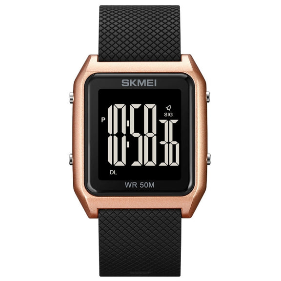 SKMEI 1866 Square Large Screen Men Steel Belt Multi-function Night Light Alarm Clock Watch(Rose Gold Black Machine)