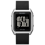 SKMEI 1866 Square Large Screen Men Steel Belt Multi-function Night Light Alarm Clock Watch(Silver Black Machine)