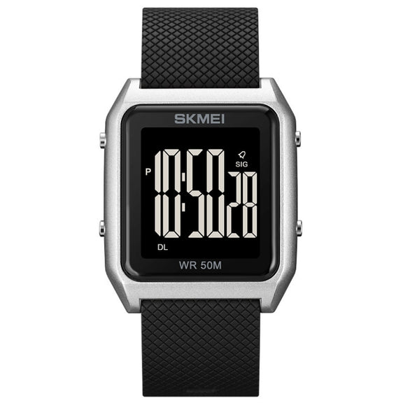 SKMEI 1866 Square Large Screen Men Steel Belt Multi-function Night Light Alarm Clock Watch(Silver Black Machine)