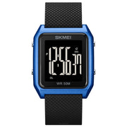 SKMEI 1866 Square Large Screen Men Steel Belt Multi-function Night Light Alarm Clock Watch(Blue Black Machine)
