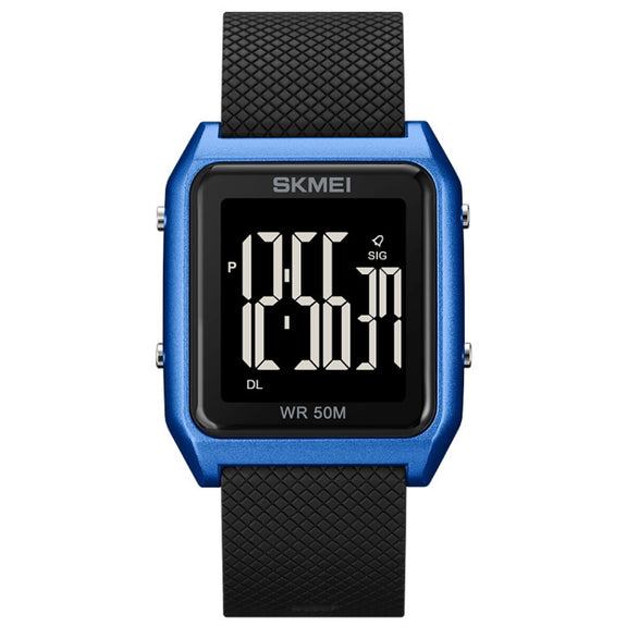 SKMEI 1866 Square Large Screen Men Steel Belt Multi-function Night Light Alarm Clock Watch(Blue Black Machine)