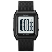 SKMEI 1866 Square Large Screen Men Steel Belt Multi-function Night Light Alarm Clock Watch(Black White Machine)