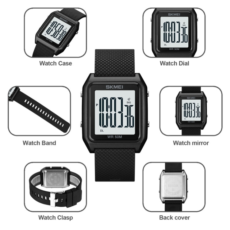 SKMEI 1866 Square Large Screen Men Steel Belt Multi-function Night Light Alarm Clock Watch(Black Black Machine)