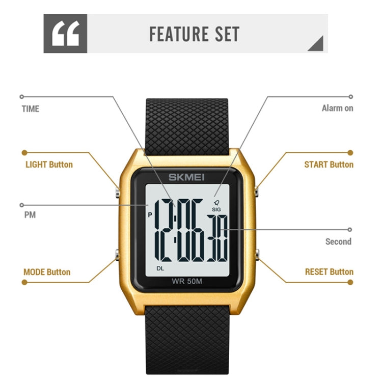 SKMEI 1866 Square Large Screen Men Steel Belt Multi-function Night Light Alarm Clock Watch(Gold White Machine) - free shipping - PMC TechLife - Order now!