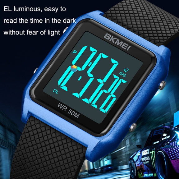 SKMEI 1866 Square Large Screen Men Steel Belt Multi-function Night Light Alarm Clock Watch(Blue White Machine)