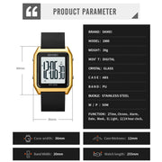 SKMEI 1866 Square Large Screen Men Steel Belt Multi-function Night Light Alarm Clock Watch(Gold White Machine)