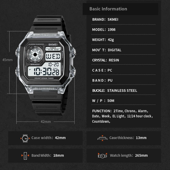 SKMEI 1998 Transparent Shell Ice Sensor Outdoor Sports Water-resistant Multi-function Watch(Black)