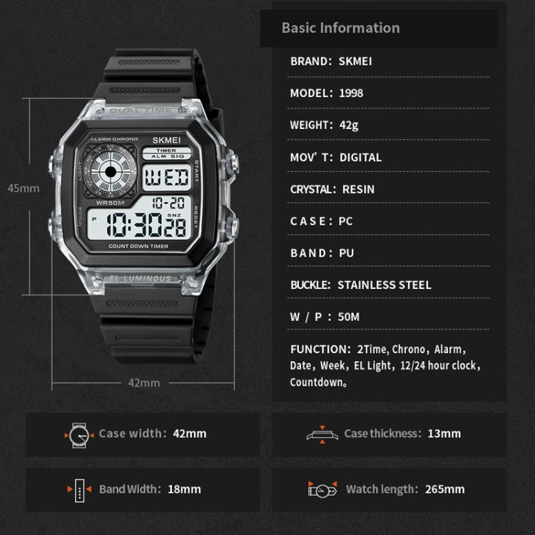 SKMEI 1998 Transparent Shell Ice Sensor Outdoor Sports Water-resistant Multi-function Watch(Black)