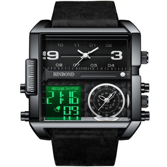 BINBOND B3332 Square Multifunctional Sports Quartz Waterproof Watch(Black Leather-Black-Black-White) - free shipping - PMC Jewellery - Order now!