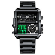 BINBOND B3332 Square Multifunctional Sports Quartz Water-resistant Watch(Black Steel-Black-White)