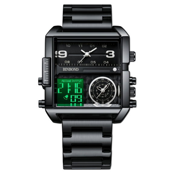 BINBOND B3332 Square Multifunctional Sports Quartz Water-resistant Watch(Black Steel-Black-White)