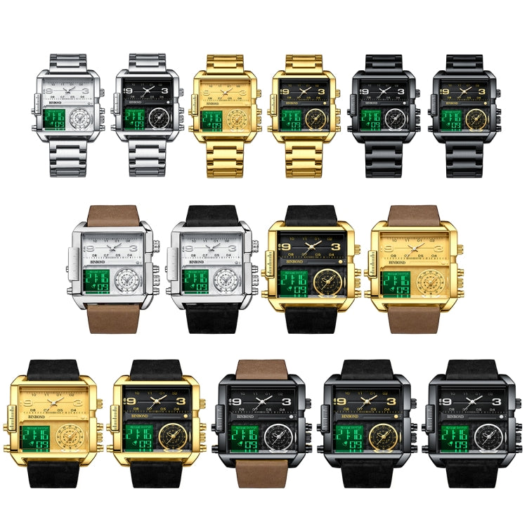 BINBOND B3332 Square Multifunctional Sports Quartz Water-resistant Watch(Black Steel-Black-White)