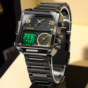 BINBOND B3332 Square Multifunctional Sports Quartz Water-resistant Watch(Black Steel-Black-White)