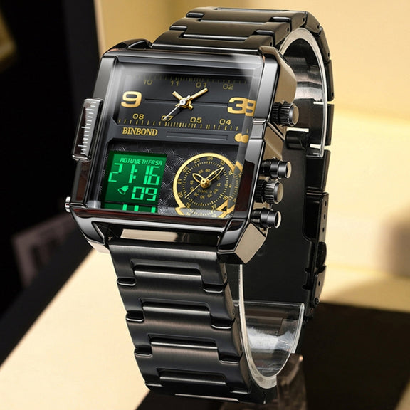 BINBOND B3332 Square Multifunctional Sports Quartz Water-resistant Watch(Black Steel-Black-White)