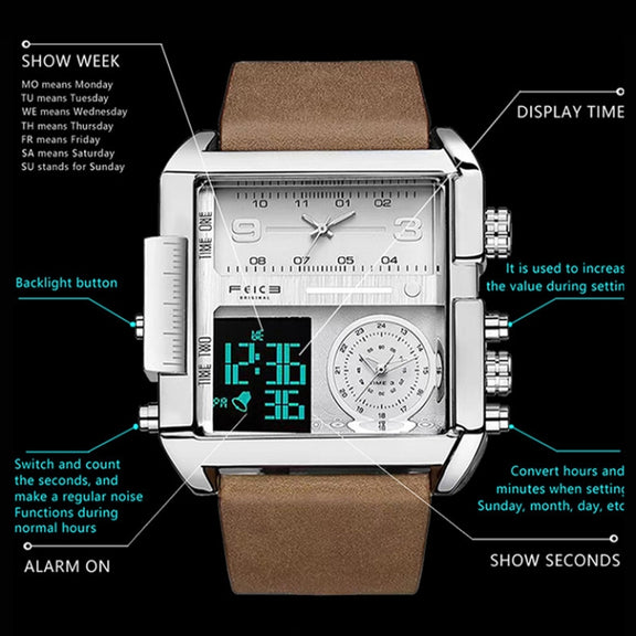 BINBOND B3332 Square Multifunctional Sports Quartz Water-resistant Watch(Black Steel-Black-White)