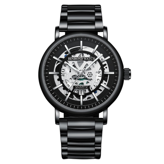 BINBOND B7872 Multifunctional Hollow Luminous Water-resistant Quartz Watch, Color: Black Steel-Black-White