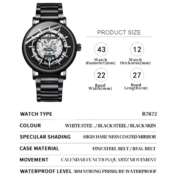 BINBOND B7872 Multifunctional Hollow Luminous Water-resistant Quartz Watch, Color: Black Steel-Black-White