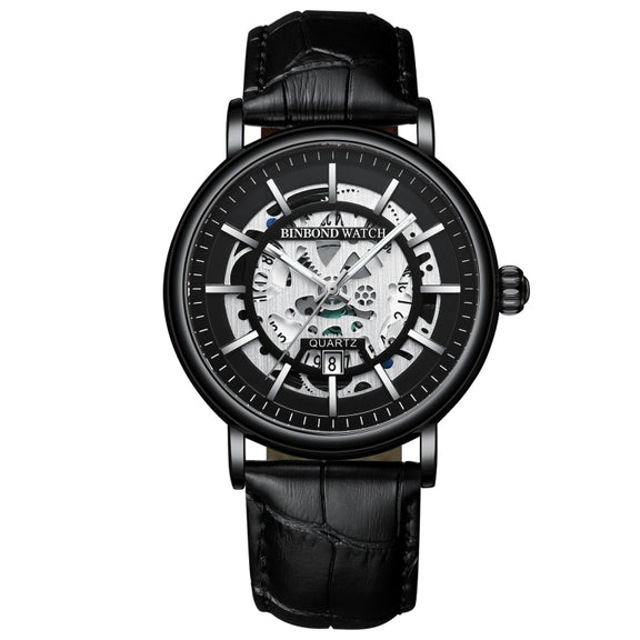 BINBOND B7872 Multifunctional Hollow Luminous Water-resistant Quartz Watch, Color: Black Leather-Black-Black