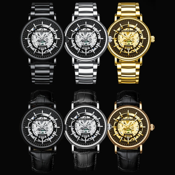 BINBOND B7872 Multifunctional Hollow Luminous Water-resistant Quartz Watch, Color: Black Leather-Black-Black