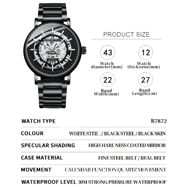 BINBOND B7872 Multifunctional Hollow Luminous Water-resistant Quartz Watch, Color: Black Leather-Black-Black