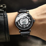 BINBOND B7872 Multifunctional Hollow Luminous Water-resistant Quartz Watch, Color: Black Leather-Black-Black