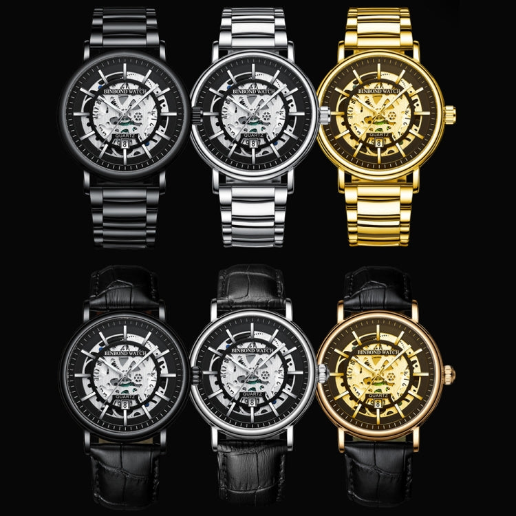 BINBOND B7872 Multifunctional Hollow Luminous Water-resistant Quartz Watch, Color: Black Leather-White-Black