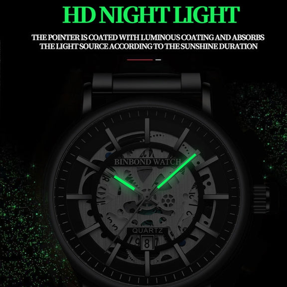 BINBOND B7872 Multifunctional Hollow Luminous Water-resistant Quartz Watch, Color: Black Leather-White-Black