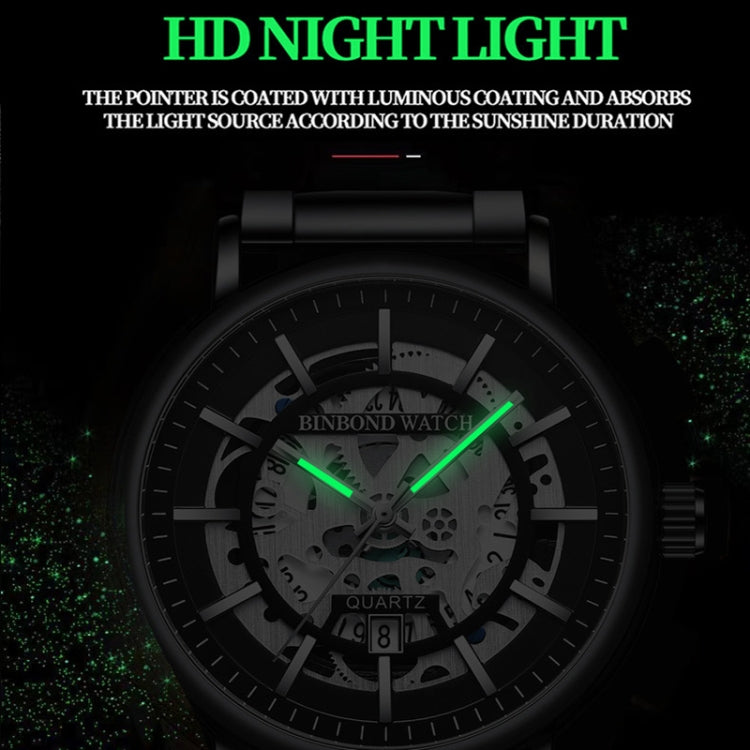 BINBOND B7872 Multifunctional Hollow Luminous Water-resistant Quartz Watch, Color: Black Leather-White-Black