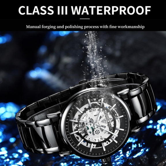 BINBOND B7872 Multifunctional Hollow Luminous Water-resistant Quartz Watch, Color: Black Leather-White-Black