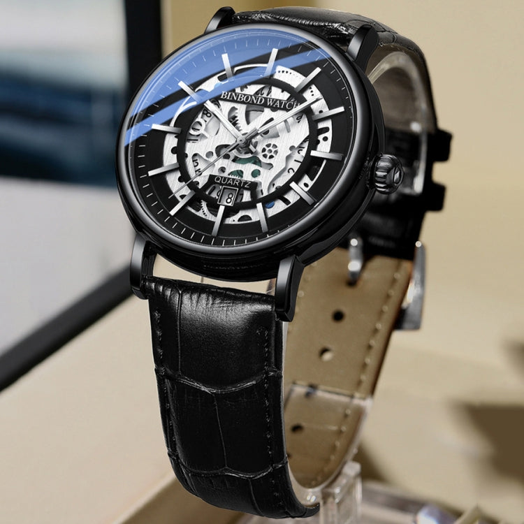 BINBOND B7872 Multifunctional Hollow Luminous Water-resistant Quartz Watch, Color: Black Leather-White-Black