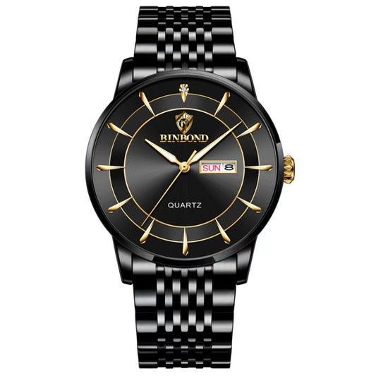 BINBOND B2077 30M Waterproof Quartz Luminous Watch Butterfly Buckle Men's Steel Belt Watch(Black Steel-Black) - free shipping - PMC Jewellery - Order now!