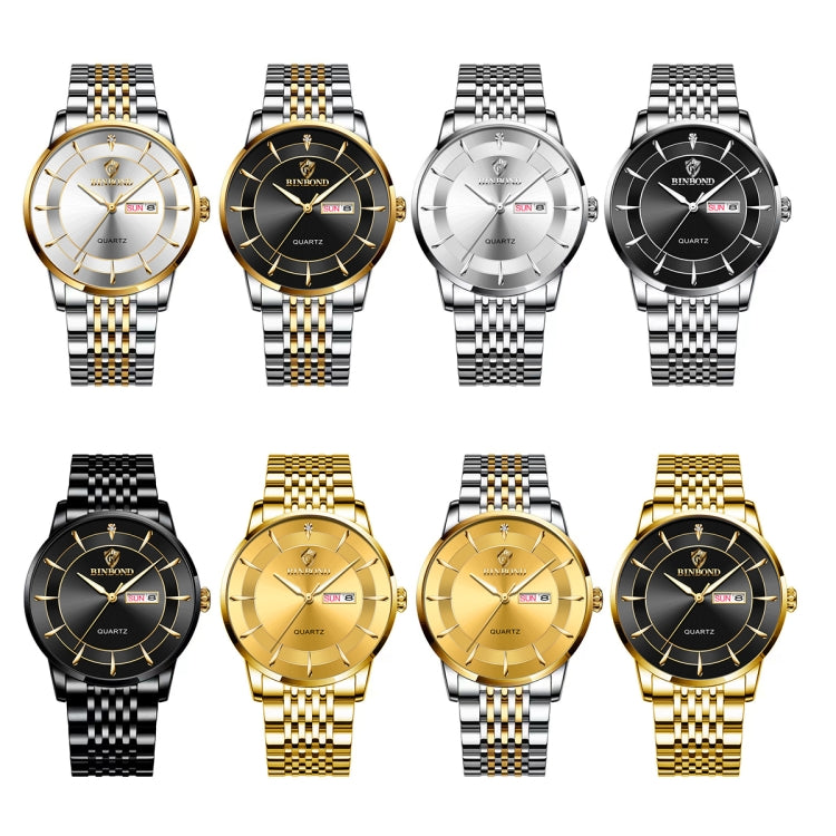 BINBOND B2077 30M Water-resistant Quartz Luminous Watch Butterfly Buckle Men's Steel Belt Watch(Black Steel-Black)