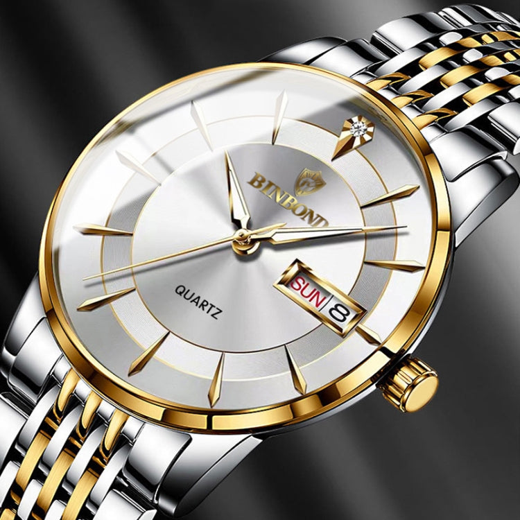BINBOND B2077 30M Waterproof Quartz Luminous Watch Butterfly Buckle Men's Steel Belt Watch(Black Steel-Black) - free shipping - PMC Jewellery - Order now!