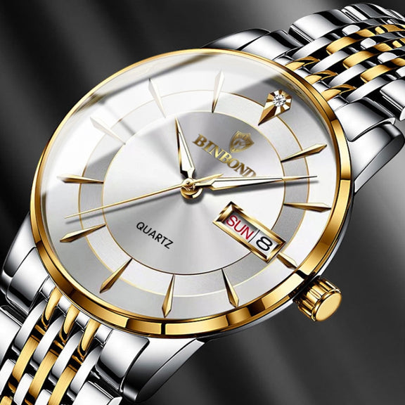 BINBOND B2077 30M Water-resistant Quartz Luminous Watch Butterfly Buckle Men's Steel Belt Watch(Black Steel-Black)