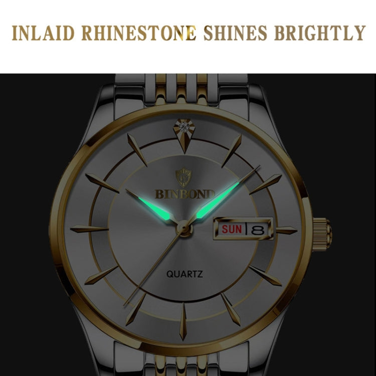 BINBOND B2077 30M Water-resistant Quartz Luminous Watch Butterfly Buckle Men's Steel Belt Watch(Black Steel-Black)