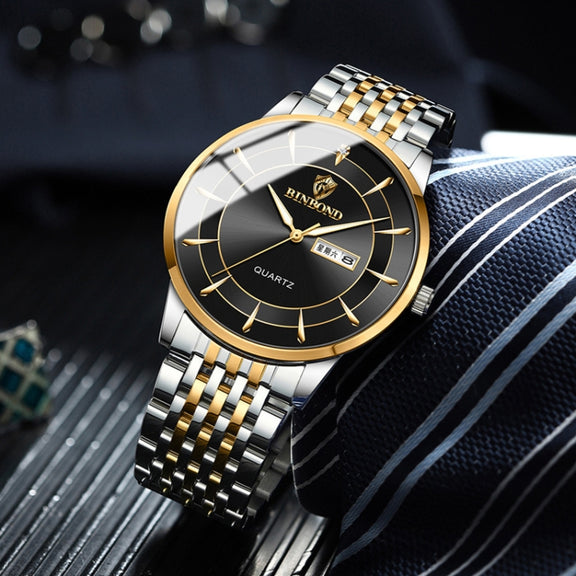 BINBOND B2077 30M Water-resistant Quartz Luminous Watch Butterfly Buckle Men's Steel Belt Watch(Black Steel-Black)