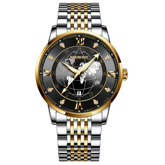 BINBOND B1117 30M Waterproof Earth Dial Butterfly Buckle Luminous Quartz Watch(Inter-gold-Black) - free shipping - PMC Jewellery - Order now!