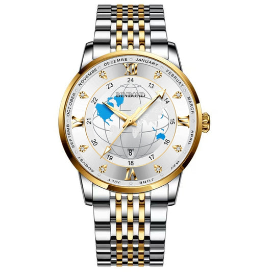 BINBOND B1117 30M Waterproof Earth Dial Butterfly Buckle Luminous Quartz Watch(Inter-gold-White) - free shipping - PMC Jewellery - Order now!