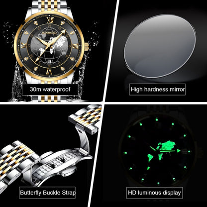 BINBOND B1117 30M Waterproof Earth Dial Butterfly Buckle Luminous Quartz Watch(Inter-gold-Black) - free shipping - PMC Jewellery - Order now!