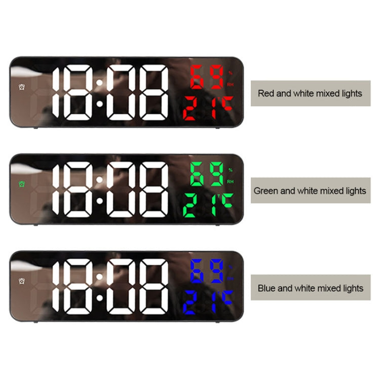 671  Mirror Screen Digital LED Alarm Clock USB Plug-in/Battery Dual-use With Temperature/Humidity Display(Black Shell White Blue)